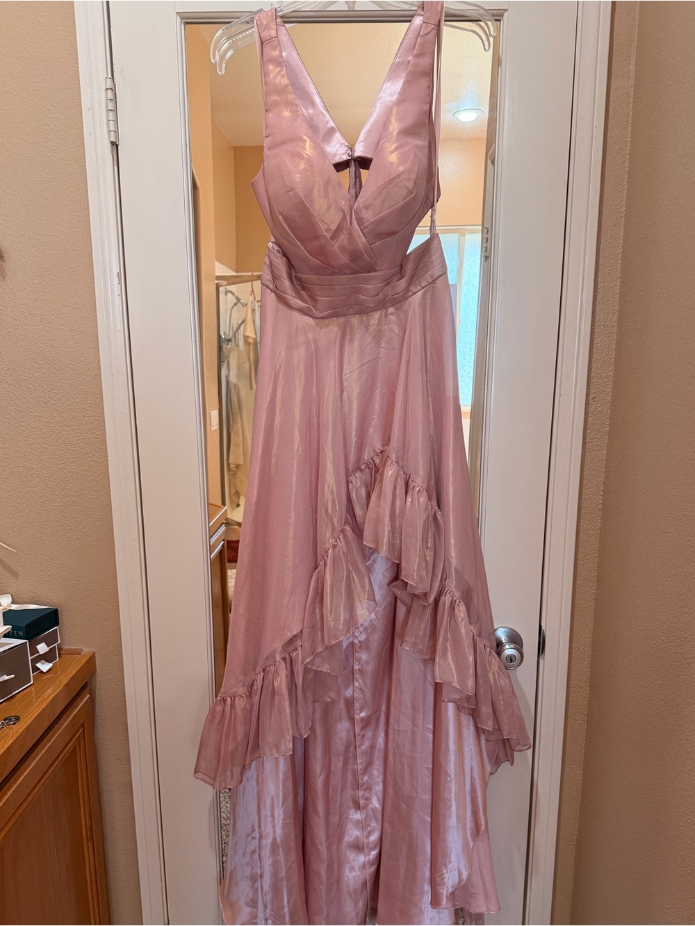 Mac Duggal Dusty Rose High-Low Satin Ruffle Gown